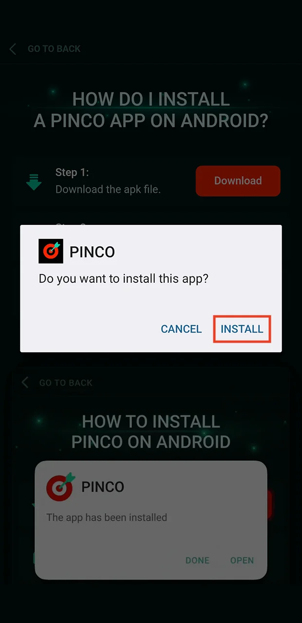 Start the Pinco application installation process.