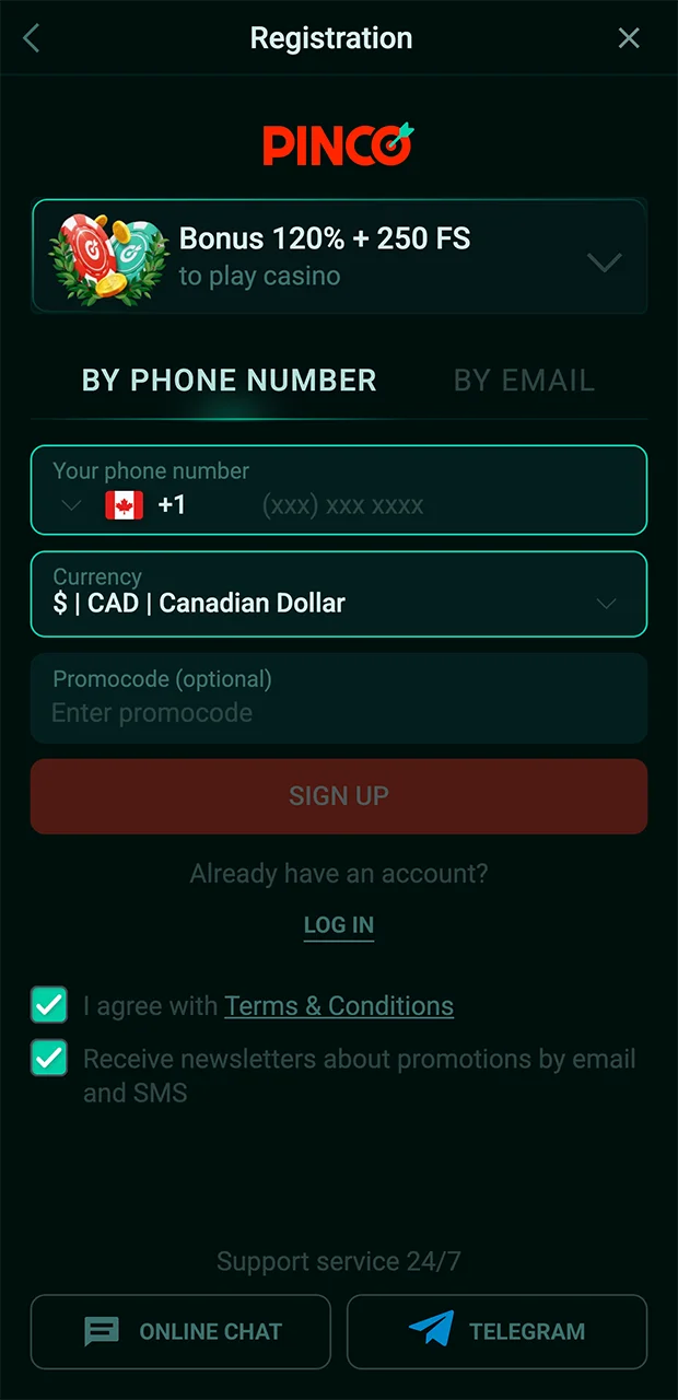 Select the appropriate currency when registering with Pinco.