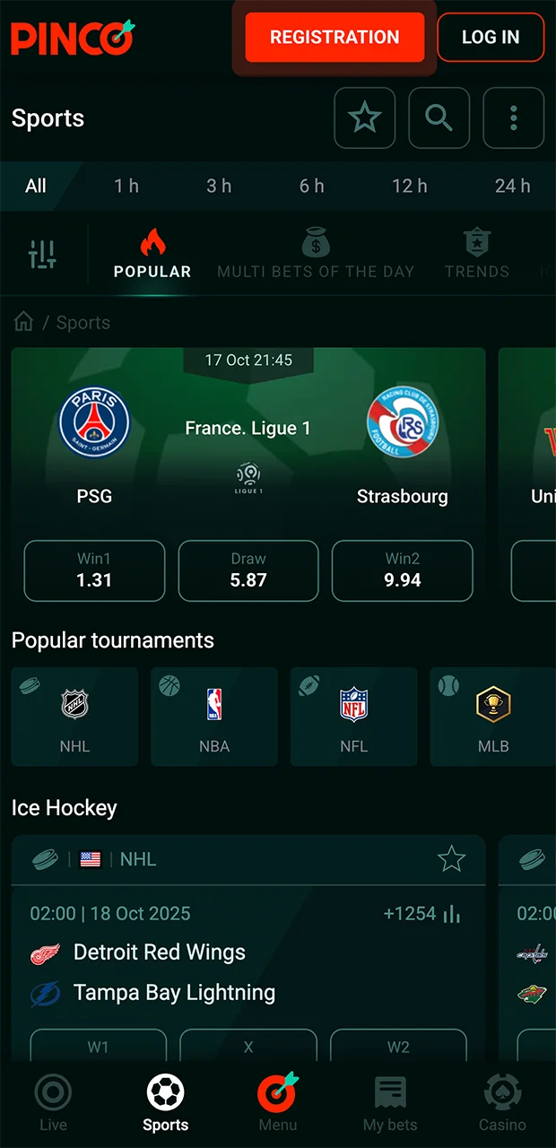 Sports betting in the Pinco app.