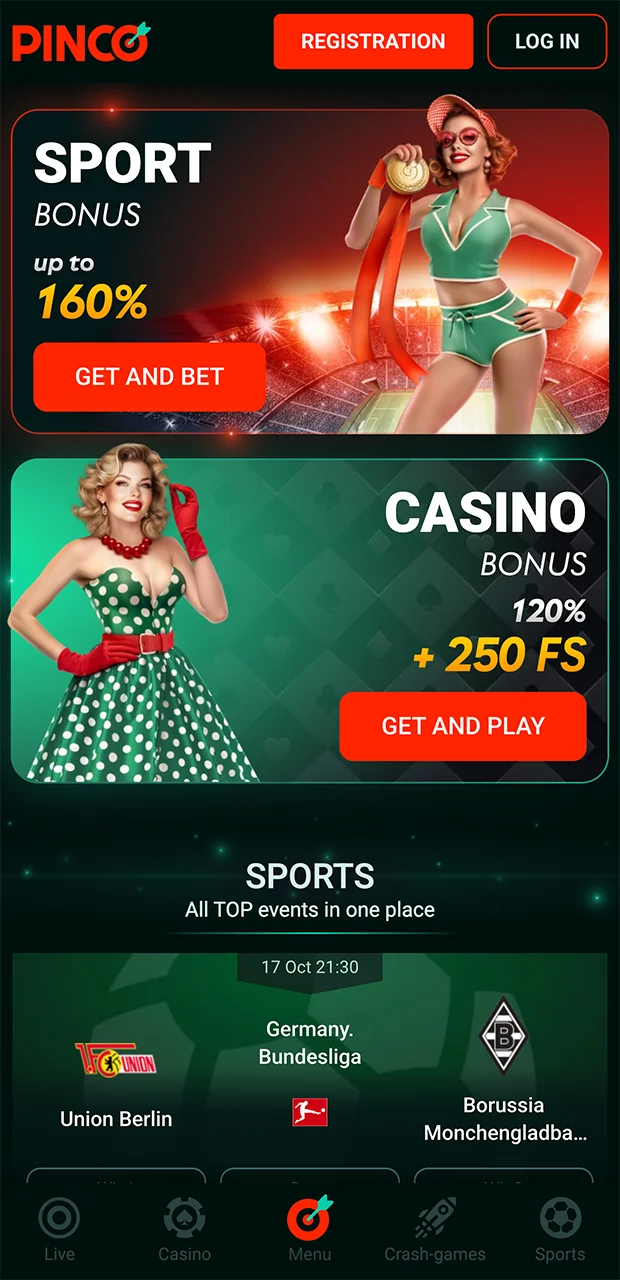 Home page in the Pinco application.