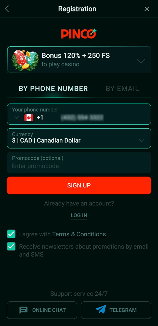 Registration form in the Pinco app.