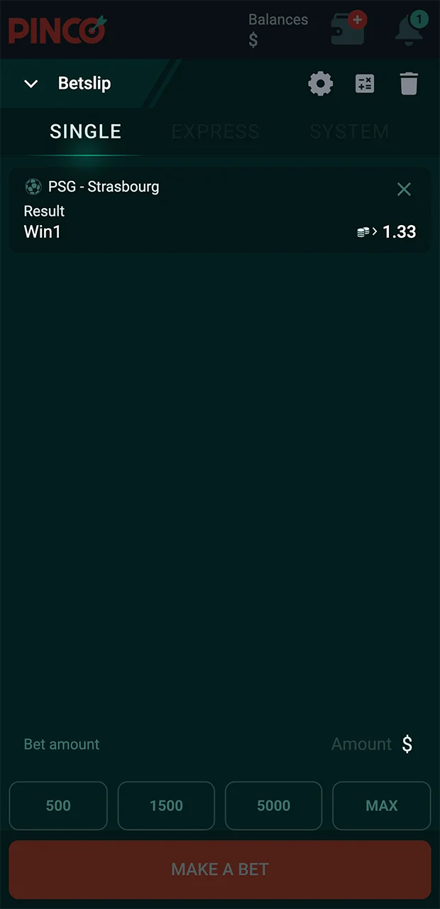 Confirm your bet on the Pinco website.