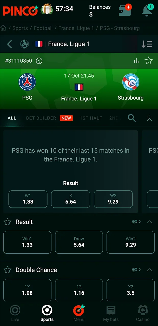 Select a match featuring your favourite team on the Pinco website.