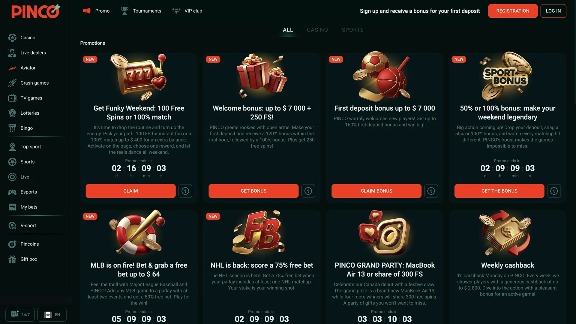 Bonuses from Pinco Casino.