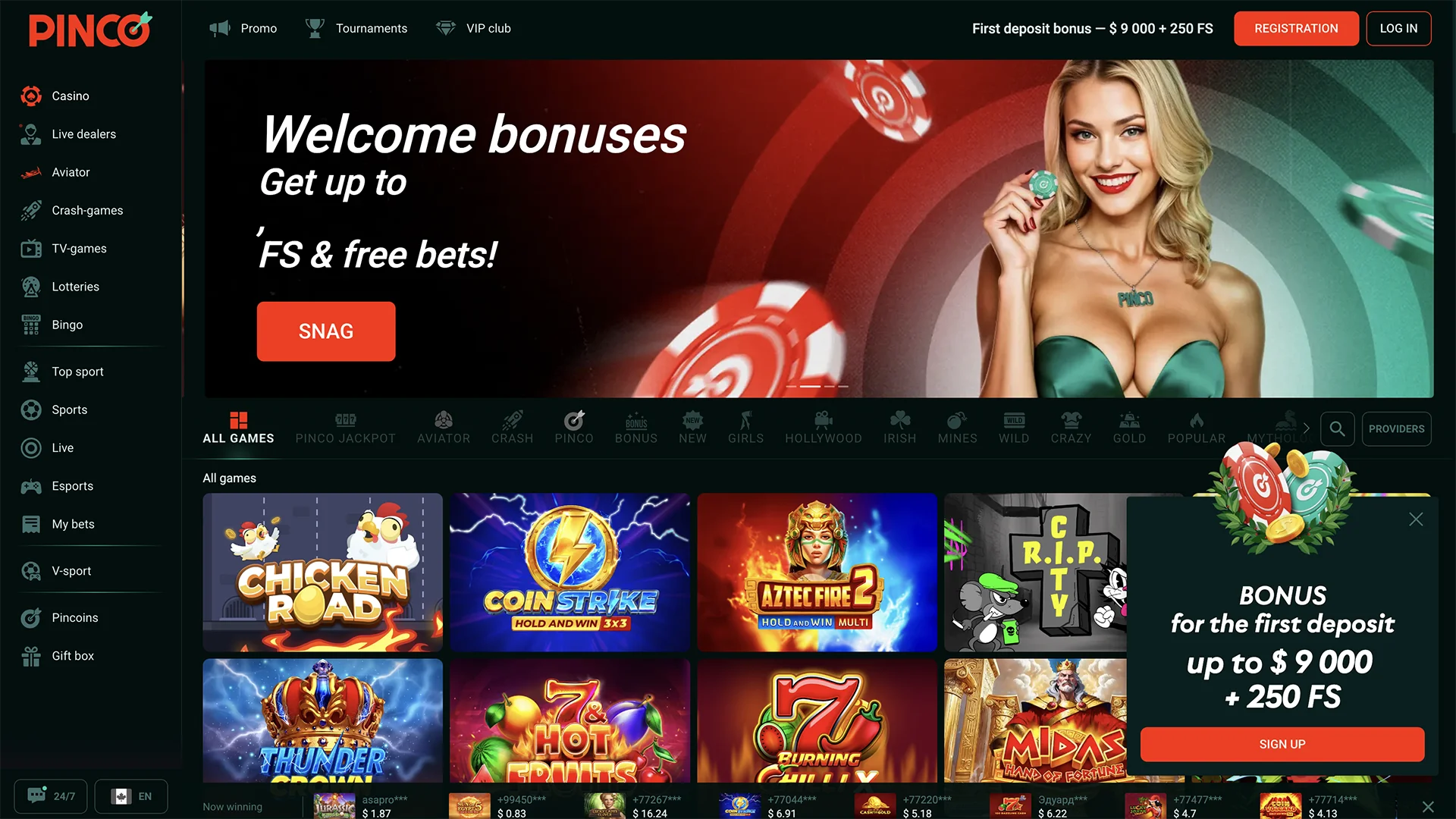 Casino page on the Pinco website.