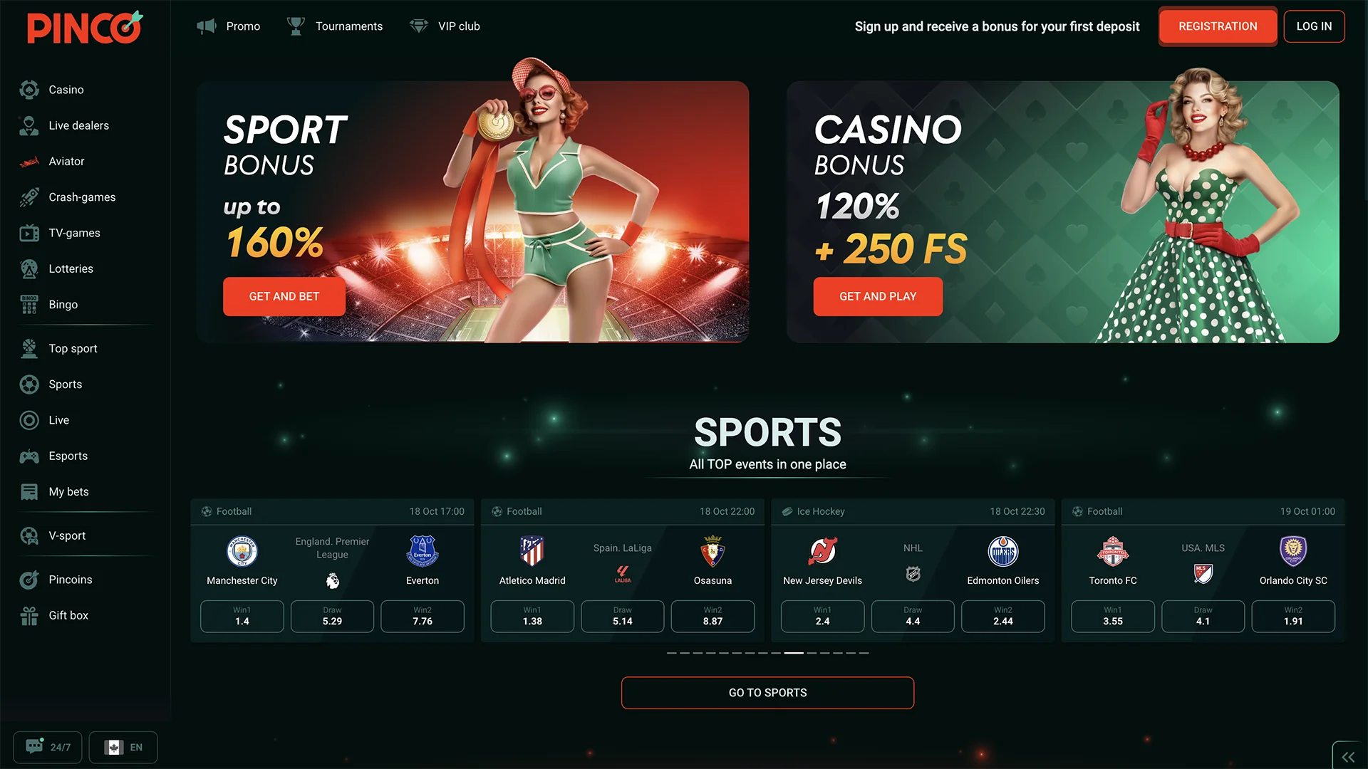 Home page of the Pinco website.