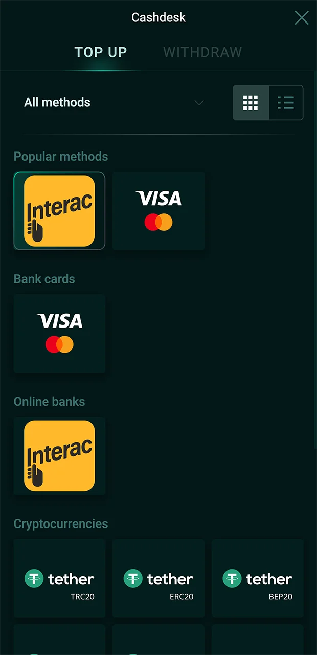 Select Interac as one of the most stable methods of replenishing your account on the Pinco website.