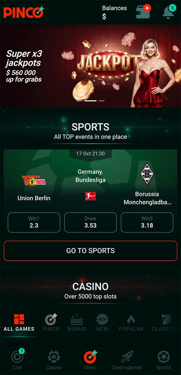 Open the account menu on the Pinco website and go to the withdrawal tab.