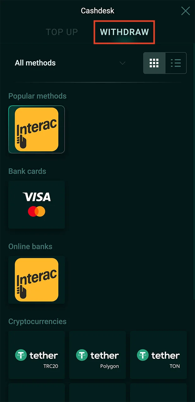Select the fastest method for withdrawing funds from those presented on the Pinco website.