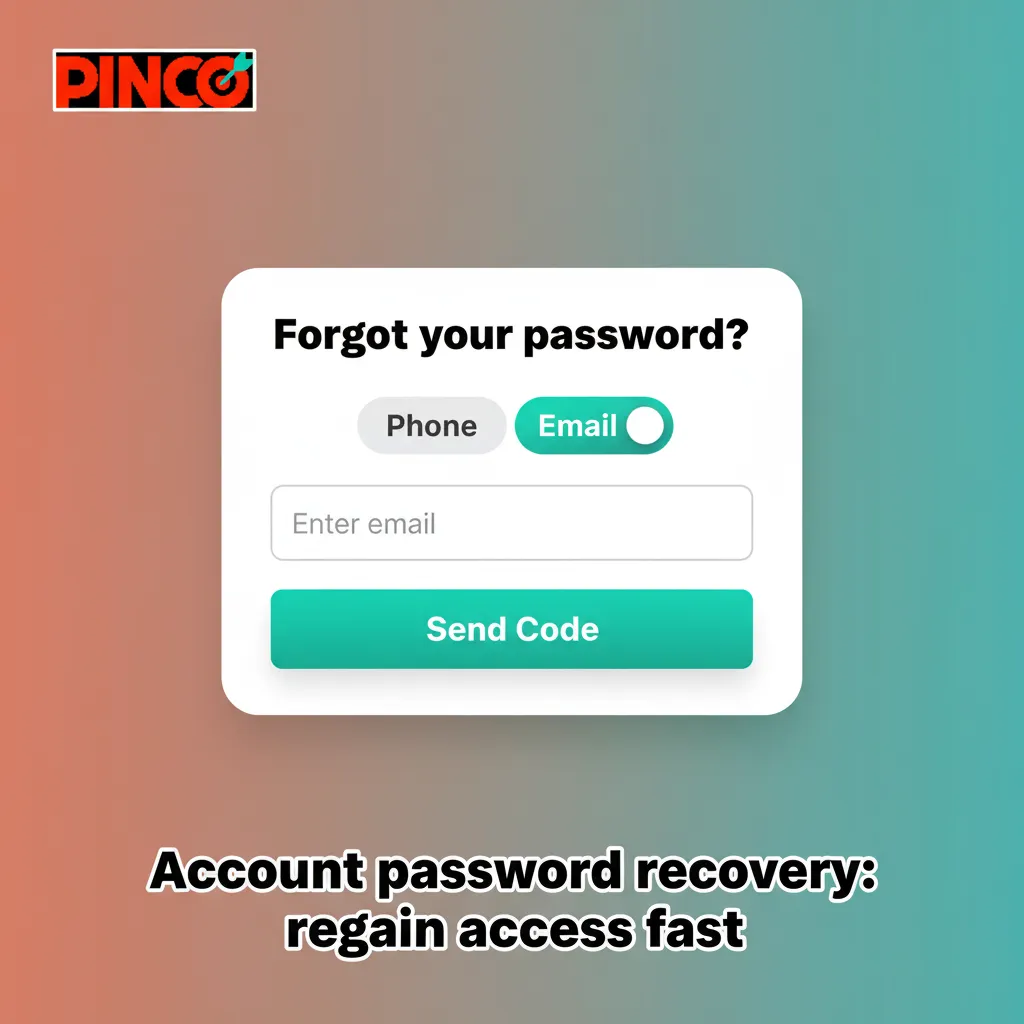 Pinco password reset: Forgot Password, choose email/SMS, enter code, set new password, sign in.