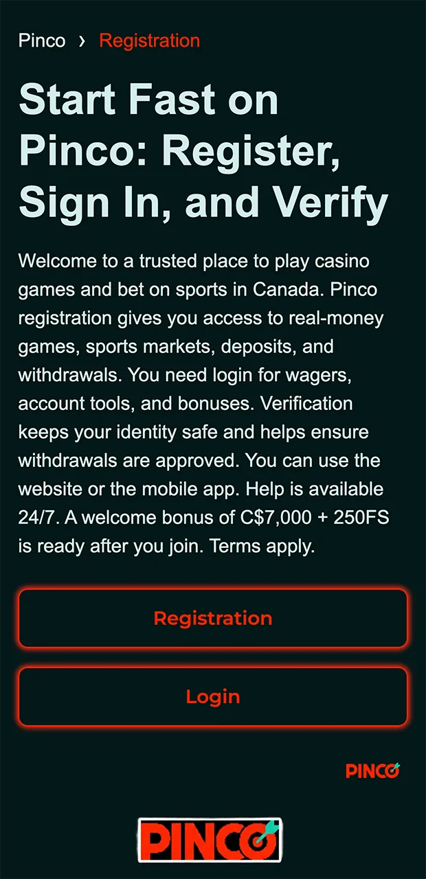 Start the quick and efficient registration process on the Pinco website.