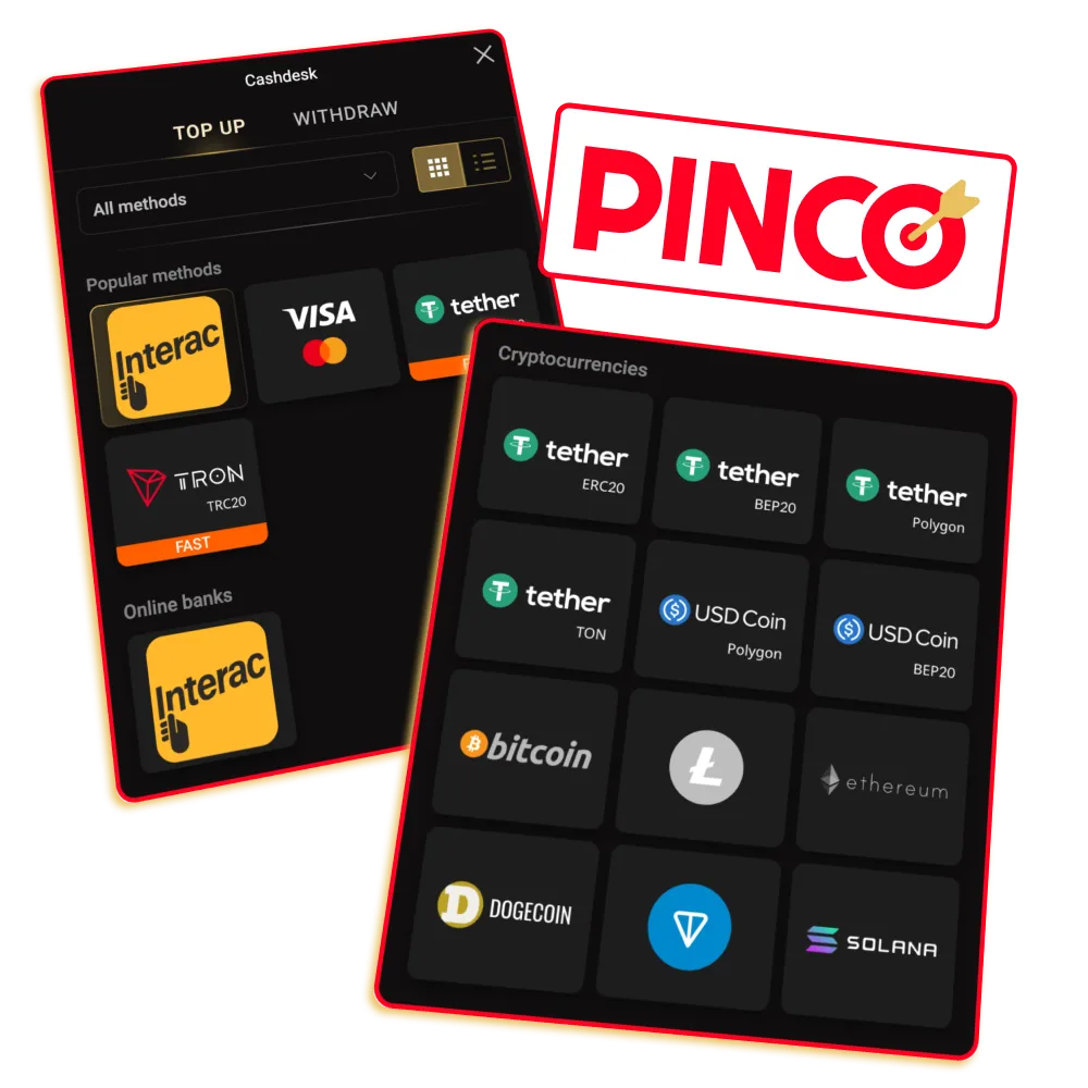 Pinco supports Interac, Gigadat, Visa, Mastercard, with clear deposit and withdrawal limits.