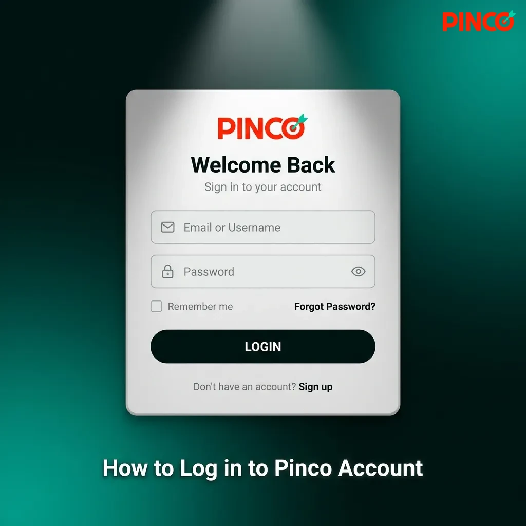 Step-by-step guide showing Pinco account login process with credential entry and two-factor authentication options.
