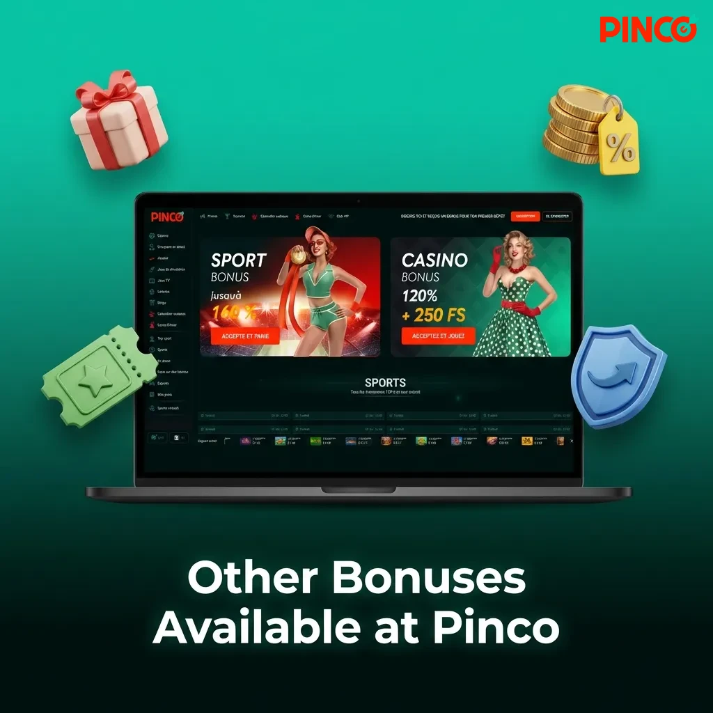 Pinco casino bonuses including reload offers, cashback, free spins, sports betting promotions, VIP rewards, and tournaments.